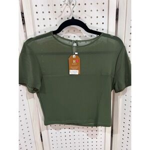 REORIA Mesh Sleeve Crop Top Olive Green Sheer Casual Women Size L